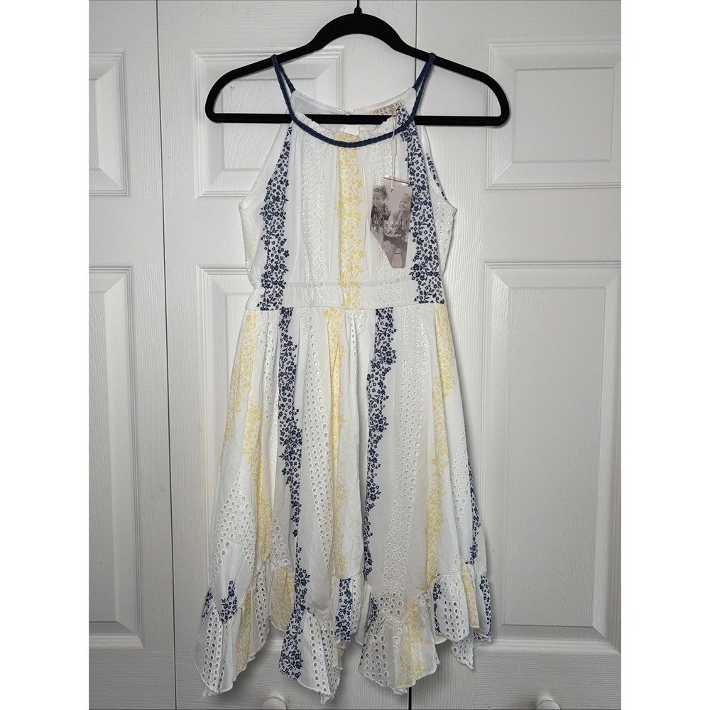 Hannah Banana Eyelet Halter Dress Girls Size 14 White Blue Yellow Floral Cotton